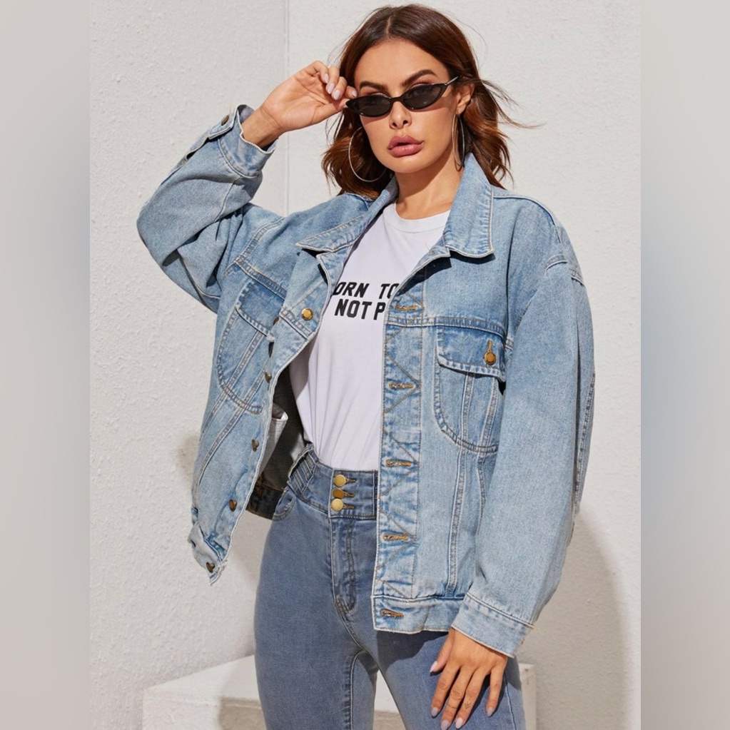 Shein Wash Single Breasted Denim Trucker Jacket | Light Wash | New - Never Worn
